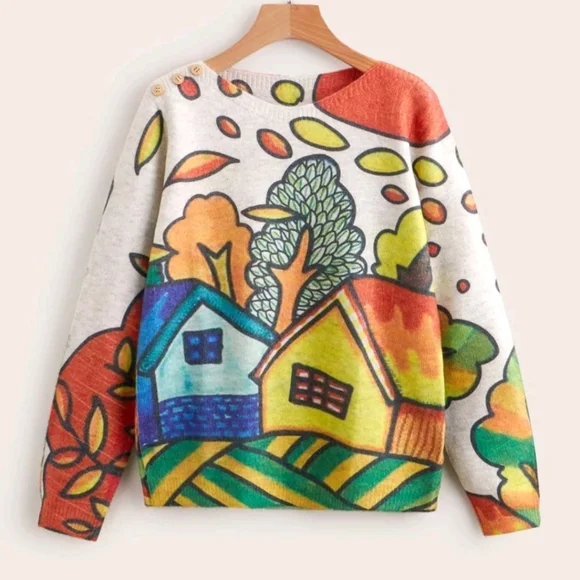 Cartoon Print country side Button Detail Sweater - Picture 2 of 5